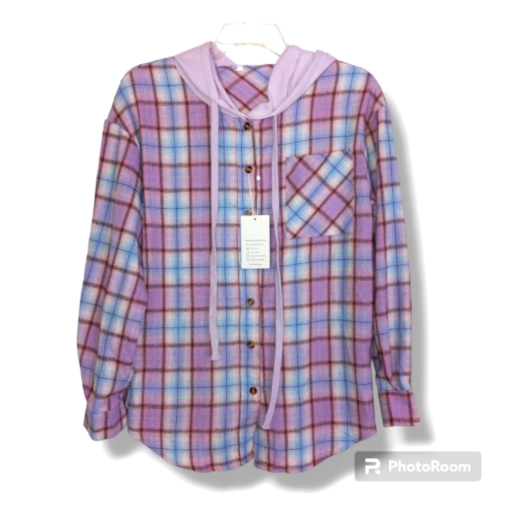 Floral Blooming pastel flannel button up long sleeve hooded top size S